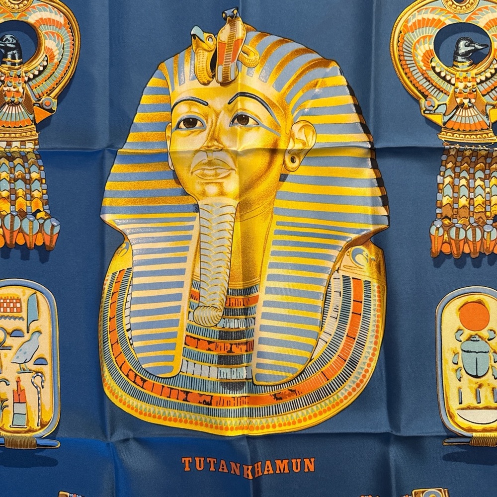 Vintage Hermes Egyptian Tutankhamun Silk-Style Scarf in Blue and Gold - Picture 8 of 9